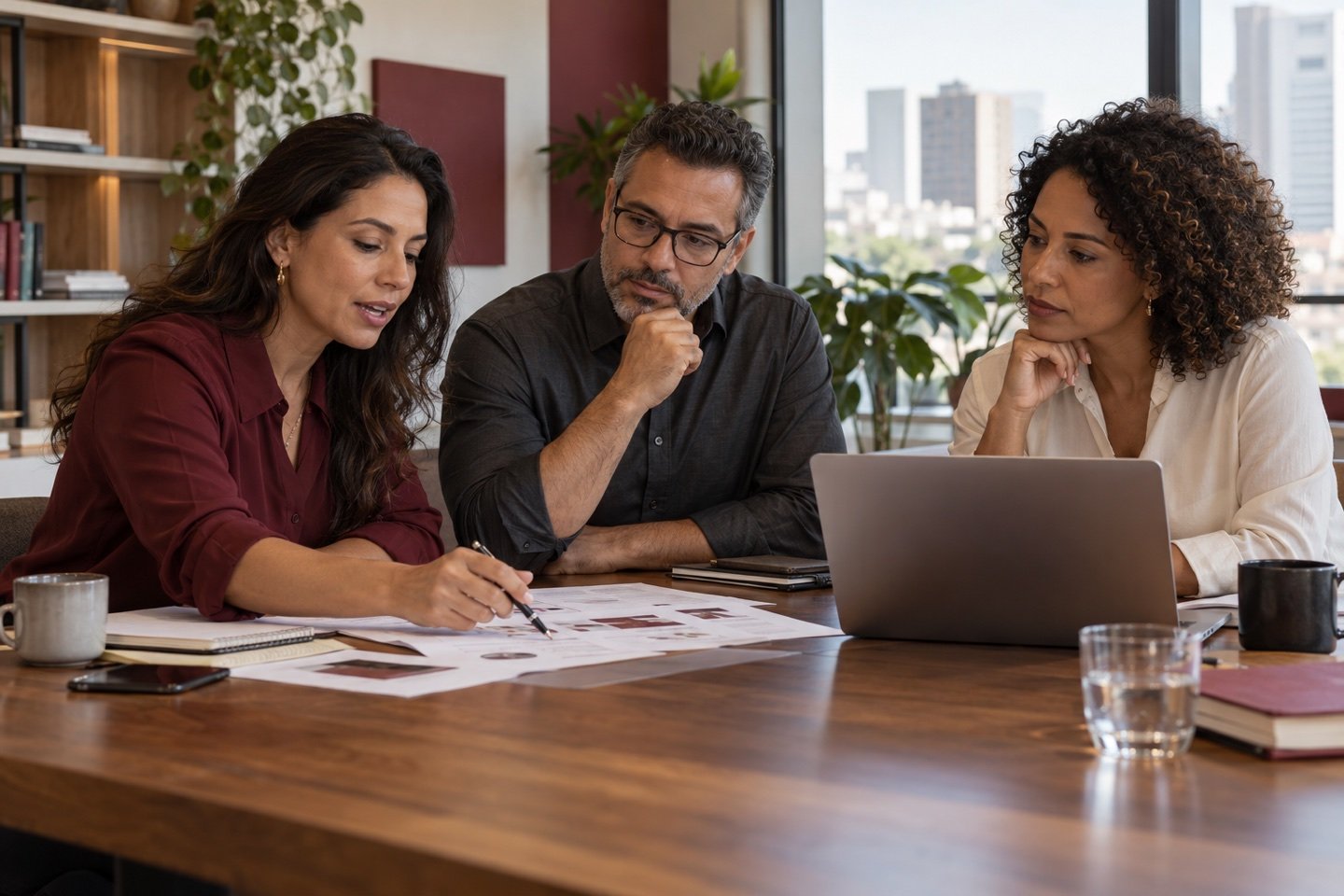 Cena ilustrativa de profissionais discutindo processos e prioridades em uma mesa de trabalho